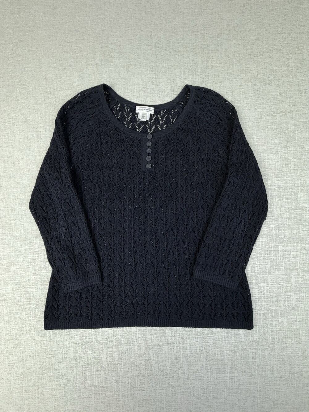 St John Sport Womens Large Black Open Knit Wool Blend Henley Sweater